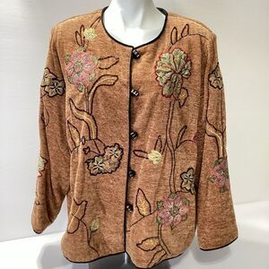 Indigo Floral Embroidered Tan Blazer Lagenlook Fashion Blazer Vintage 1X